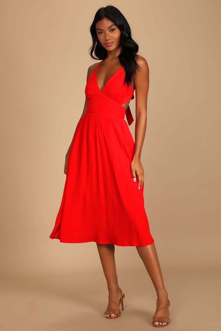 NWT Lulus Bold New Look Bright Red Tie-Back Midi Dress With Pockets Party Sz XS